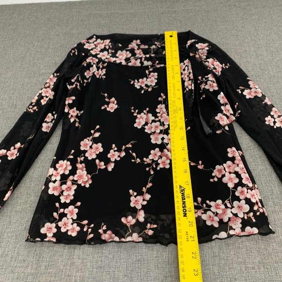 Jessica Max Floral Black Blouse Long Sleeve Mesh Material Tie on the side Neck - Picture 6 of 13